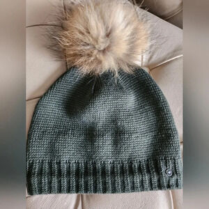 OOKPIK Knitted Hat Raccoon  Removable Pompom Green Khaki lined one size